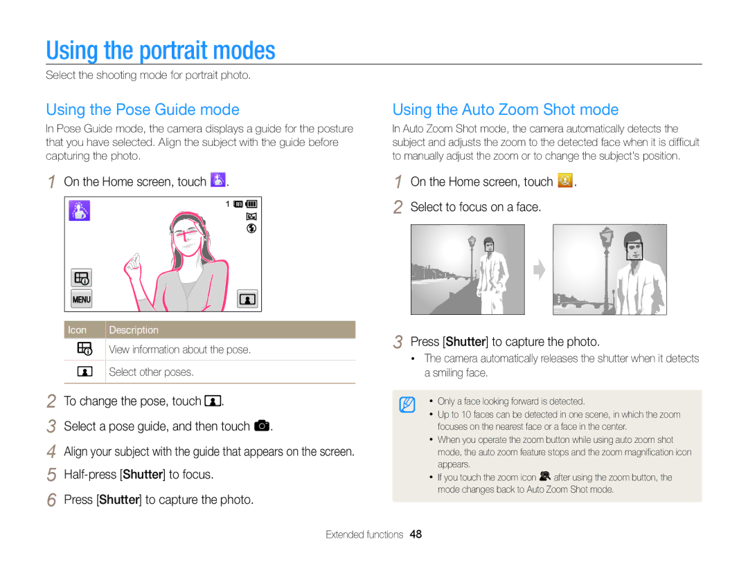 Samsung ECMV800ZBPBUS user manual Using the portrait modes, Using the Pose Guide mode, Using the Auto Zoom Shot mode 