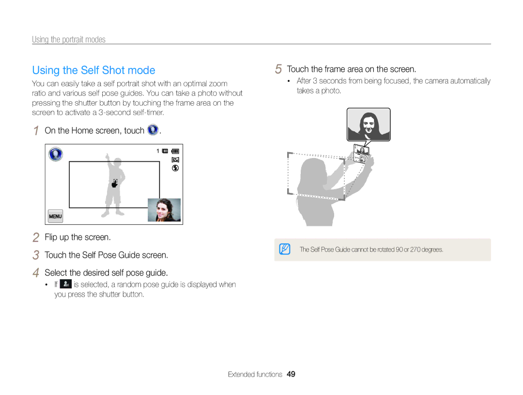 Samsung ECMV800ZBPBUS user manual Using the Self Shot mode, Using the portrait modes, Touch the frame area on the screen 