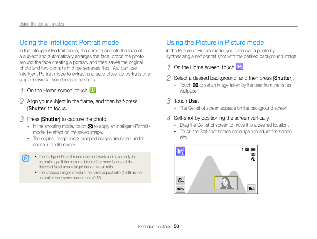 Samsung ECMV800ZBPBUS user manual Using the Intelligent Portrait mode, Using the Picture in Picture mode, Touch Use 