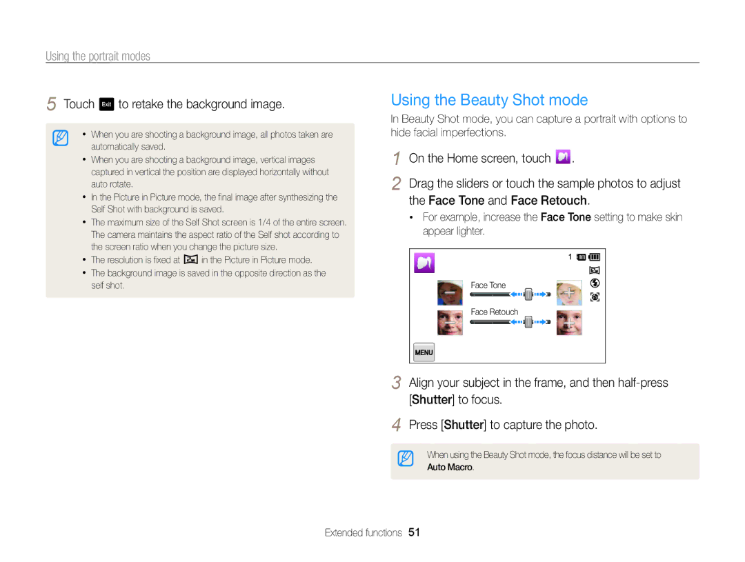 Samsung ECMV800ZBPBUS user manual Using the Beauty Shot mode, Touch to retake the background image 