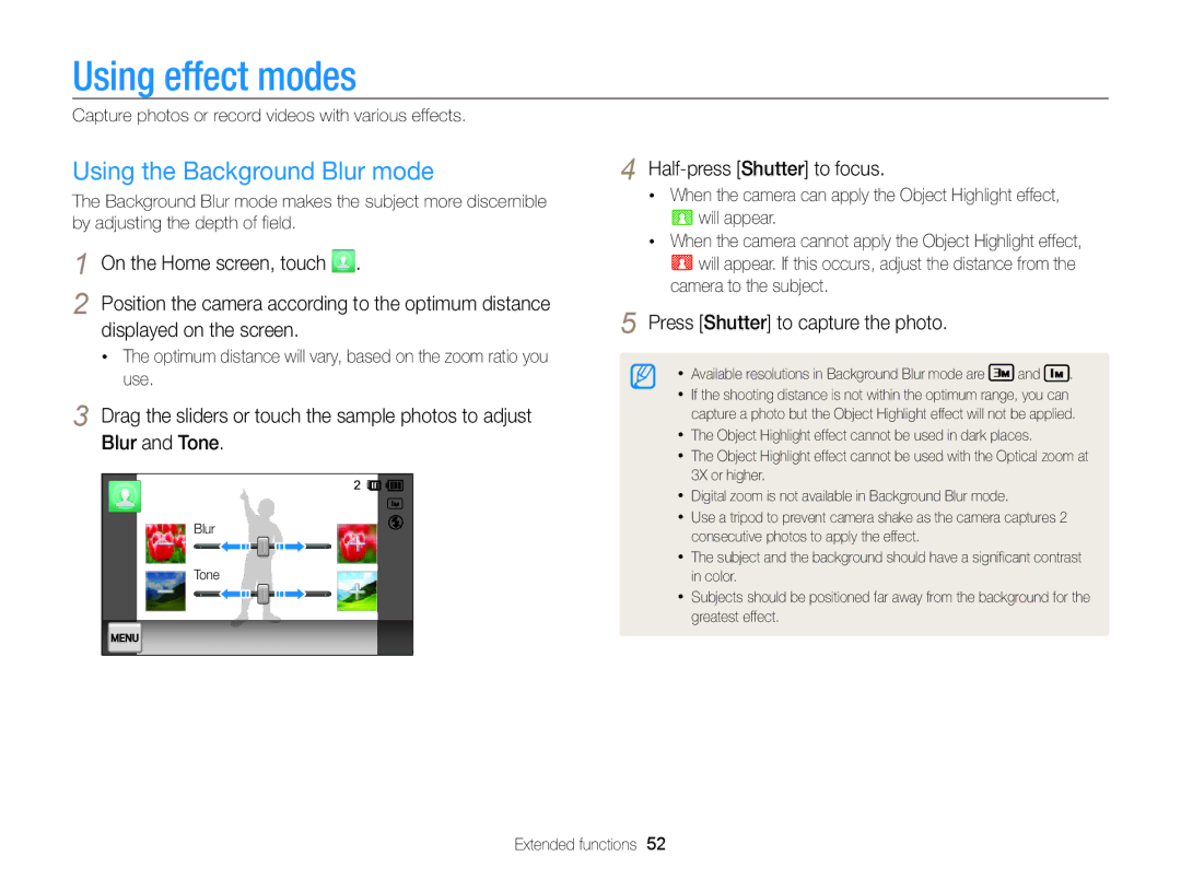 Samsung ECMV800ZBPBUS Using effect modes, Using the Background Blur mode, Displayed on the screen, Blur and Tone 