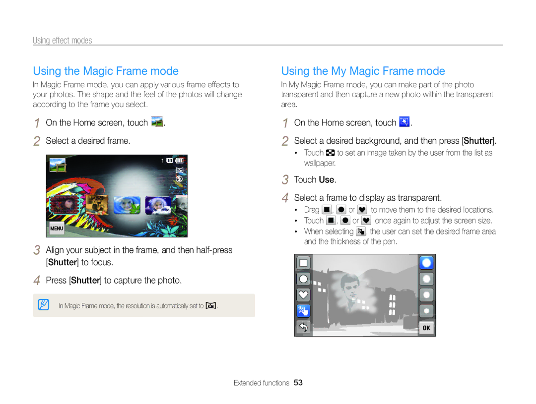 Samsung ECMV800ZBPBUS user manual Using the Magic Frame mode, Using the My Magic Frame mode, Using effect modes 