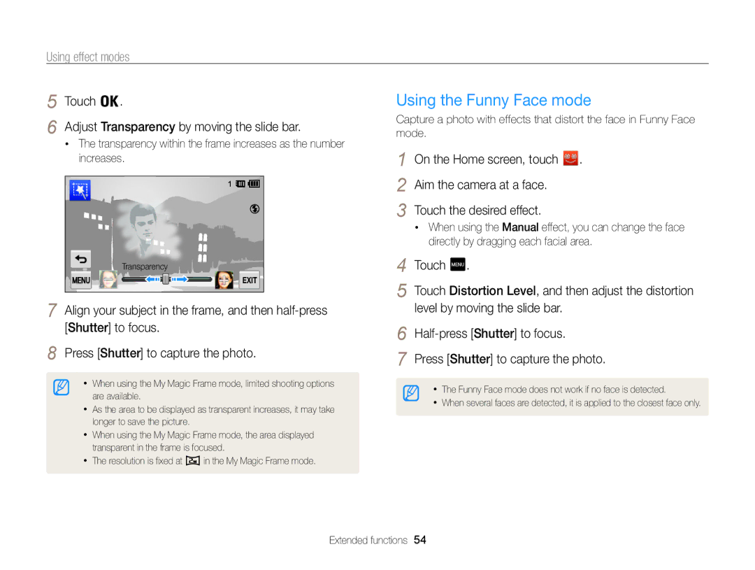 Samsung ECMV800ZBPBUS user manual Using the Funny Face mode, Touch Adjust Transparency by moving the slide bar 