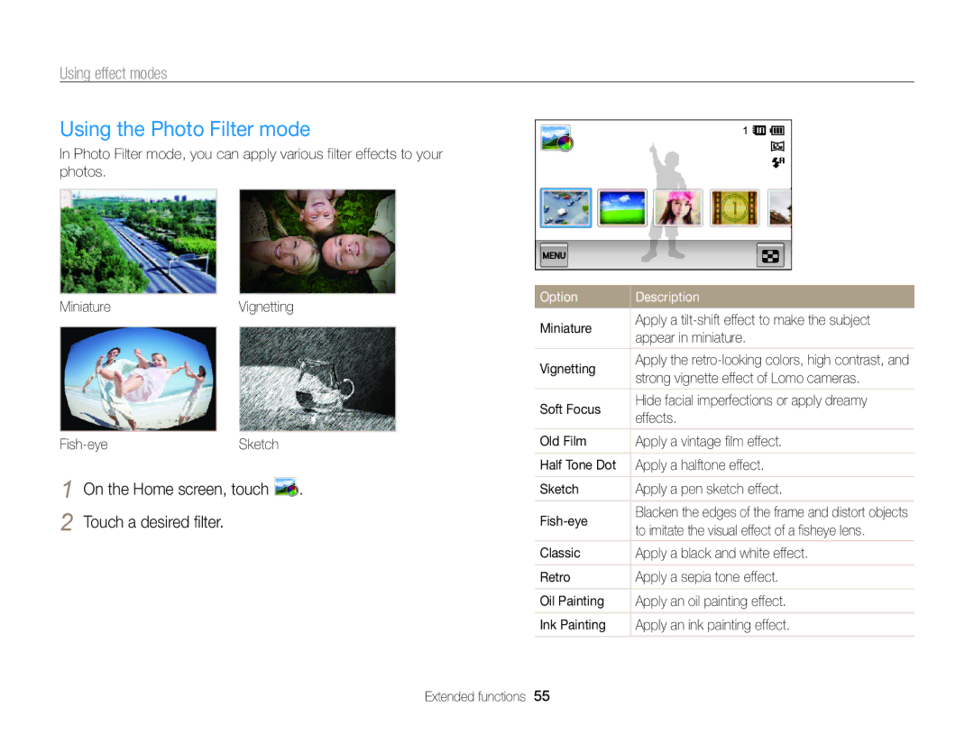 Samsung ECMV800ZBPBUS user manual Using the Photo Filter mode, Touch a desired filter 