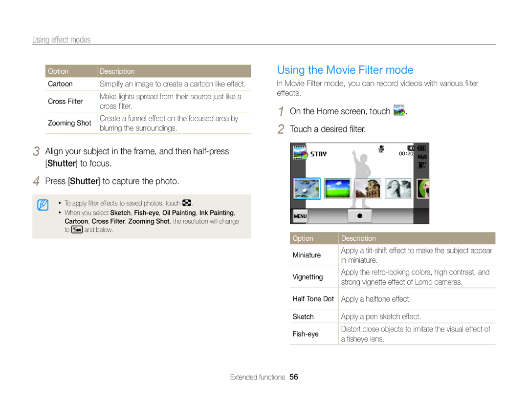 Samsung ECMV800ZBPBUS Using the Movie Filter mode, On the Home screen, touch Touch a desired filter, Cartoon, Cross Filter 