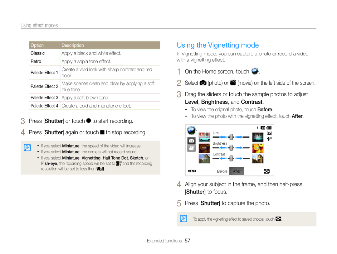 Samsung ECMV800ZBPBUS user manual Using the Vignetting mode, Select photo or movie on the left side of the screen 