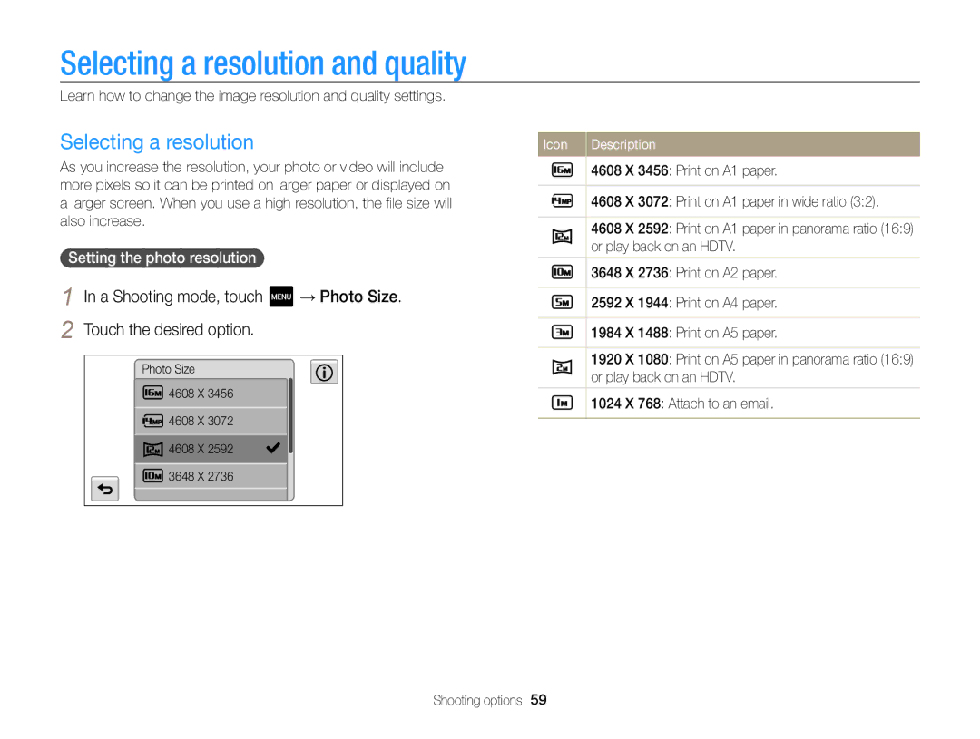 Samsung ECMV800ZBPBUS Selecting a resolution and quality, A Shooting mode, touch, Touch the desired option, → Photo Size 