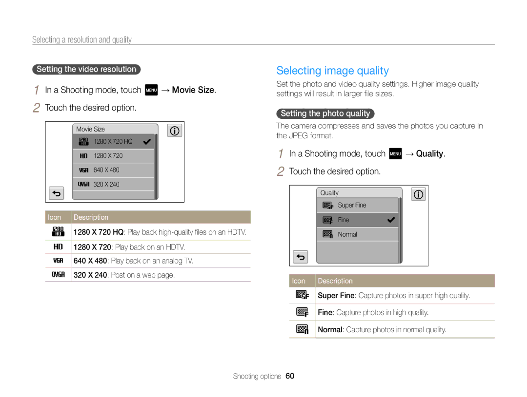 Samsung ECMV800ZBPBUS user manual Selecting image quality, Selecting a resolution and quality, Setting the photo quality  