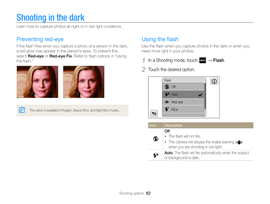 Samsung ECMV800ZBPBUS user manual Shooting in the dark, Preventing red-eye, Using the flash, Off Flash will not fire 