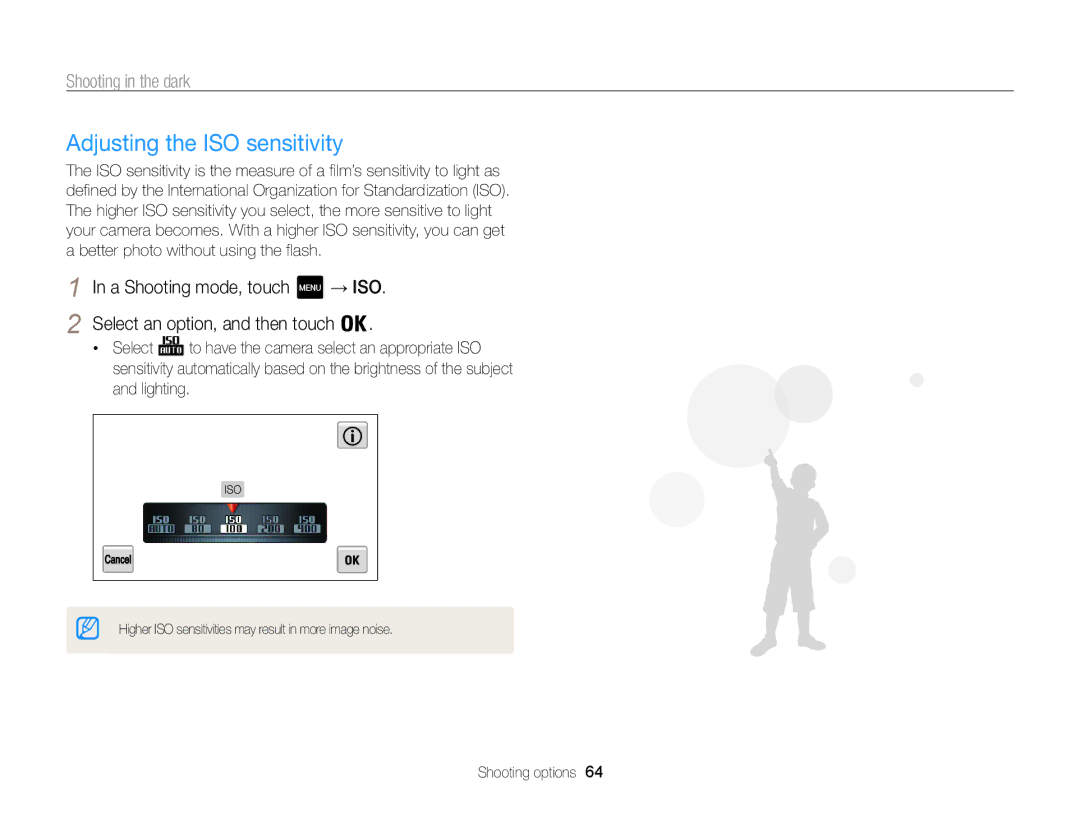 Samsung ECMV800ZBPBUS user manual Adjusting the ISO sensitivity, → Iso, Select an option, and then touch 