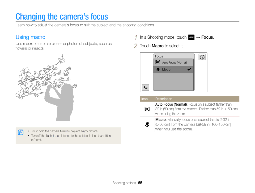 Samsung ECMV800ZBPBUS Changing the camera’s focus, Using macro, A Shooting mode, touch → Focus Touch Macro to select it 