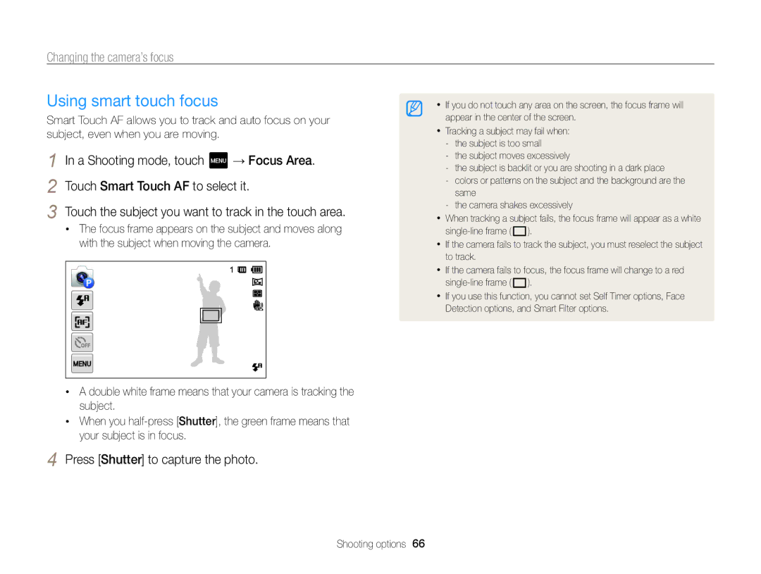 Samsung ECMV800ZBPBUS user manual Using smart touch focus, Changing the camera’s focus 