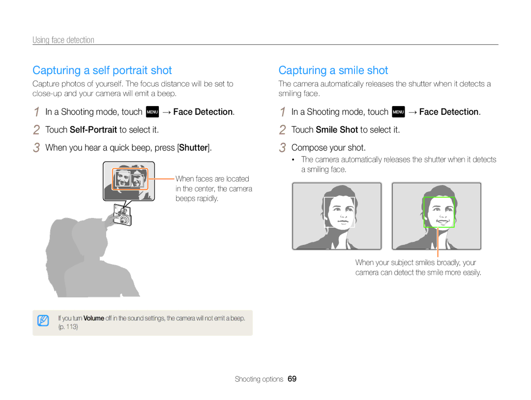 Samsung ECMV800ZBPBUS user manual Capturing a self portrait shot, Capturing a smile shot, Using face detection 