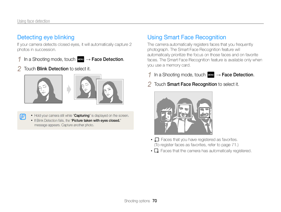 Samsung ECMV800ZBPBUS user manual Detecting eye blinking, Using Smart Face Recognition 