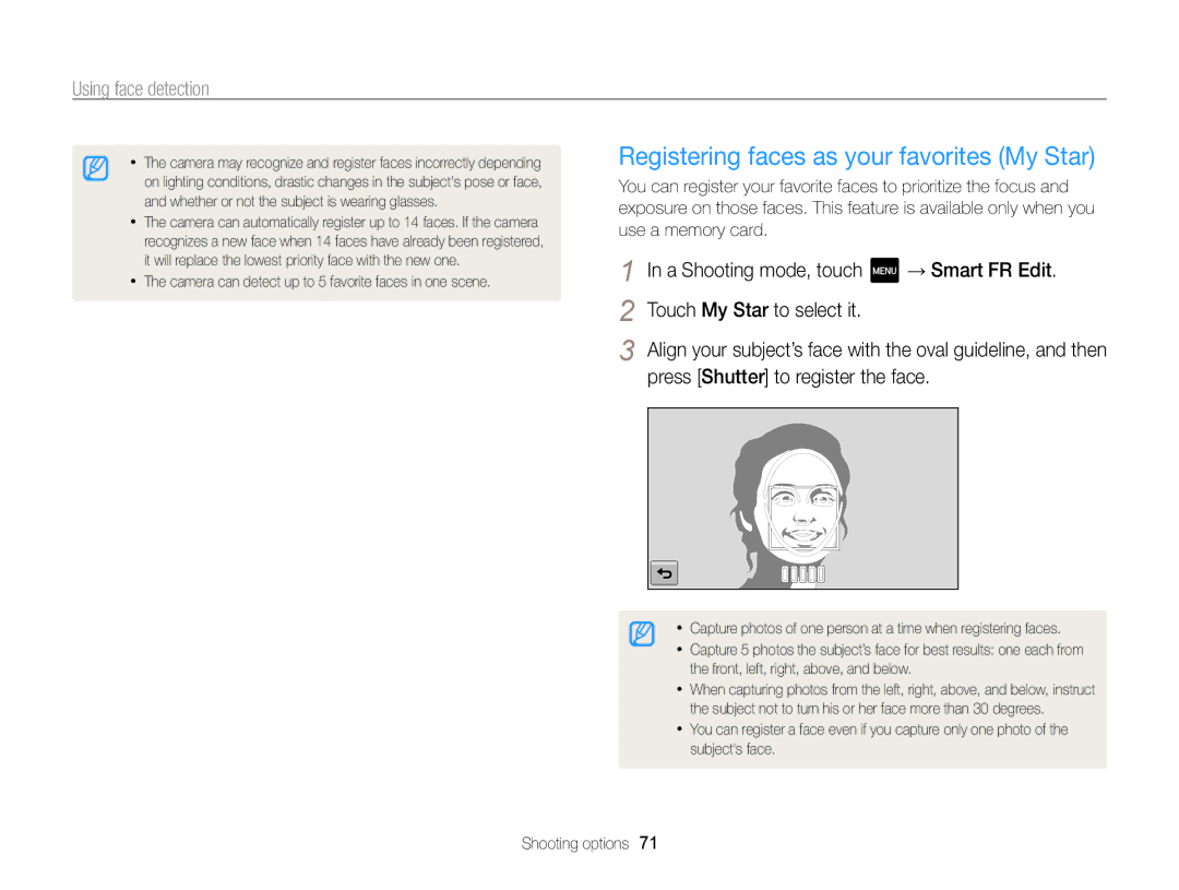 Samsung ECMV800ZBPBUS user manual Registering faces as your favorites My Star, Press Shutter to register the face 