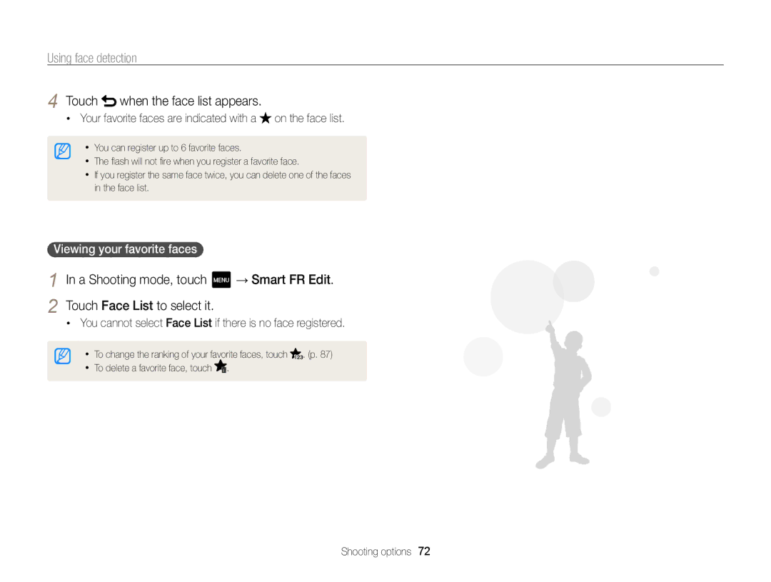 Samsung ECMV800ZBPBUS user manual Touch when the face list appears, Viewing your favorite faces  