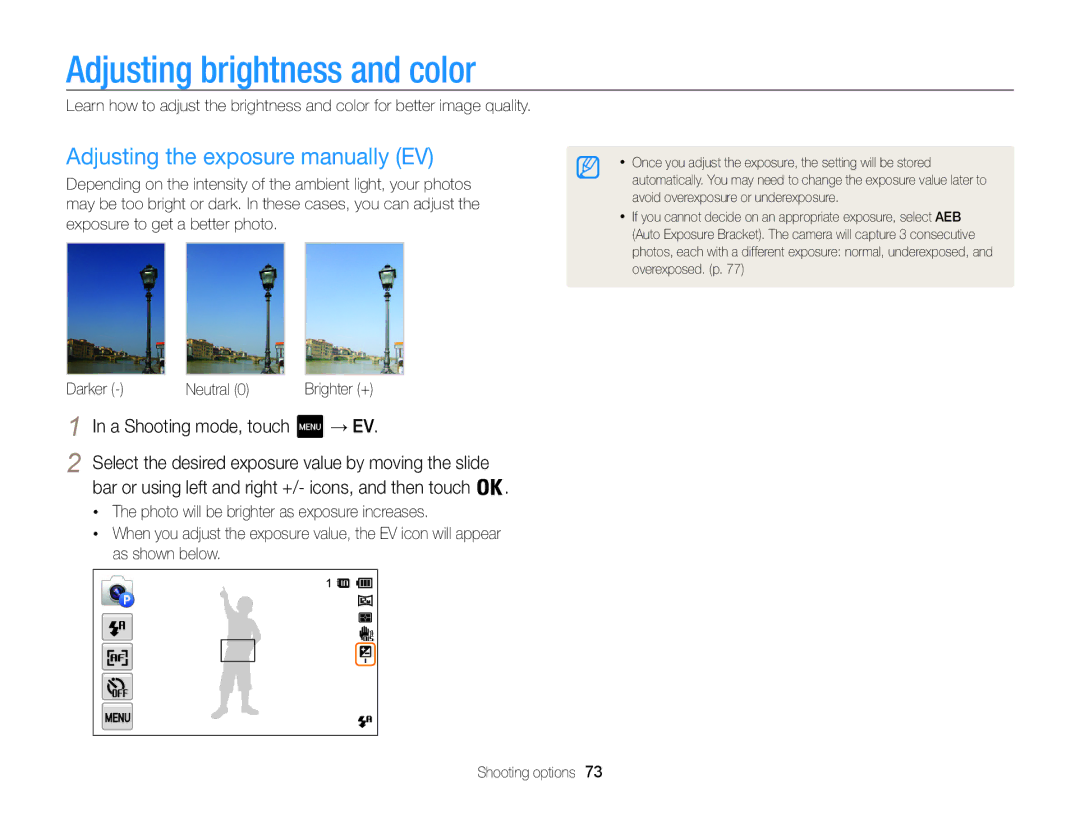 Samsung ECMV800ZBPBUS user manual Adjusting brightness and color, Adjusting the exposure manually EV, → Ev 