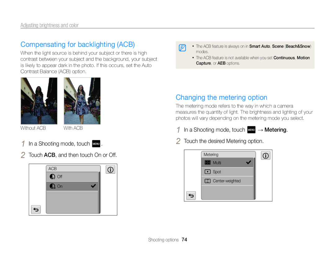 Samsung ECMV800ZBPBUS Compensating for backlighting ACB, Changing the metering option, Adjusting brightness and color 