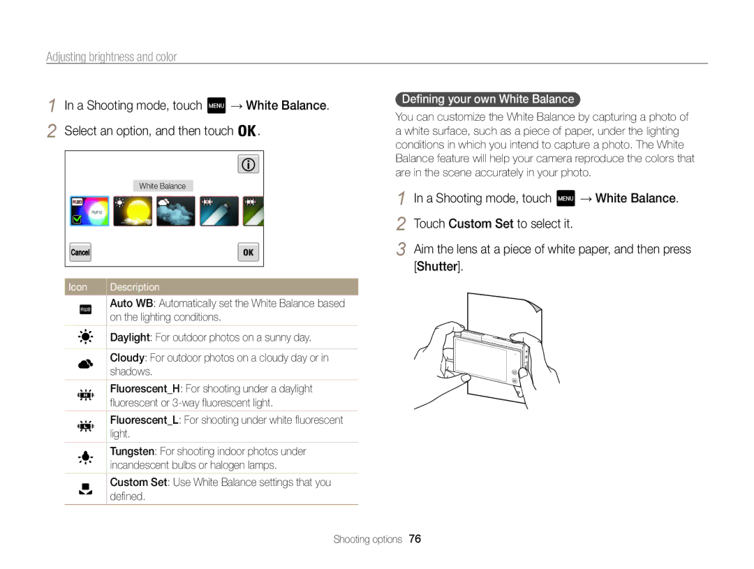 Samsung ECMV800ZBPBUS user manual A Shooting mode, touch → White Balance, Shutter, Defining your own White Balance  