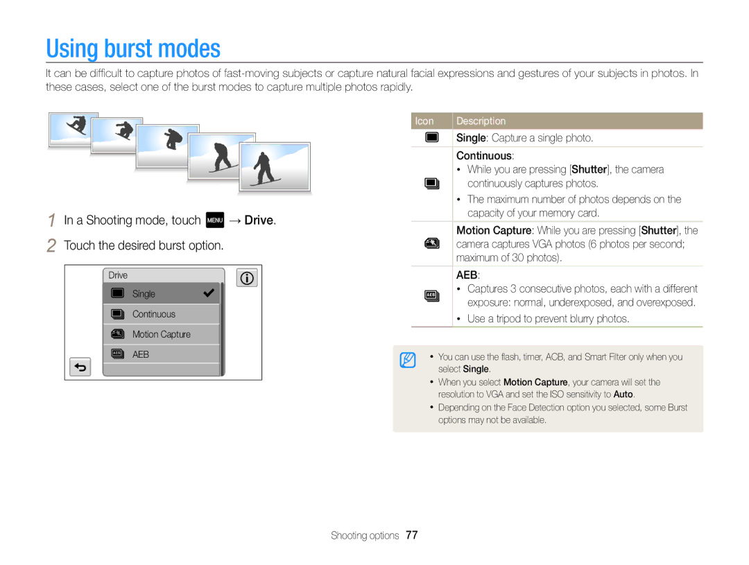 Samsung ECMV800ZBPBUS user manual Using burst modes, Use a tripod to prevent blurry photos 