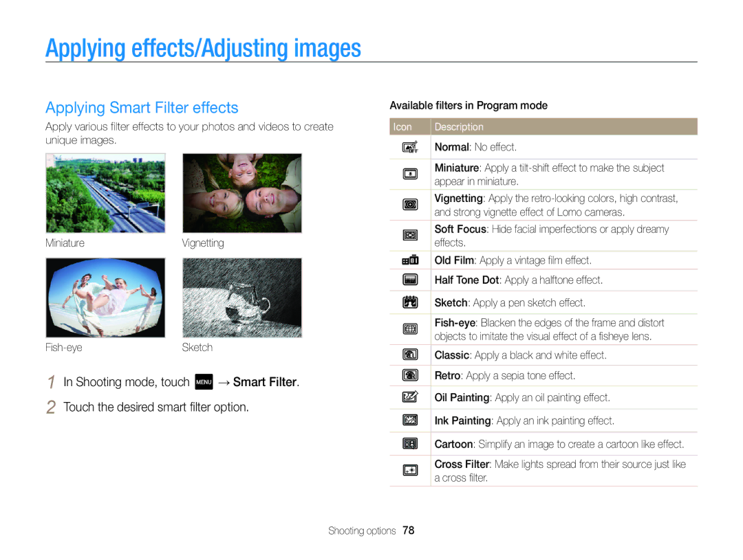 Samsung ECMV800ZBPBUS user manual Applying effects/Adjusting images, Applying Smart Filter effects 