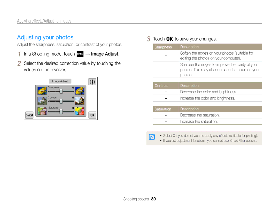 Samsung ECMV800ZBPBUS user manual Adjusting your photos, Decrease the saturation + Increase the saturation 