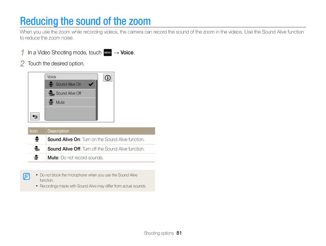 Samsung ECMV800ZBPBUS user manual Reducing the sound of the zoom 