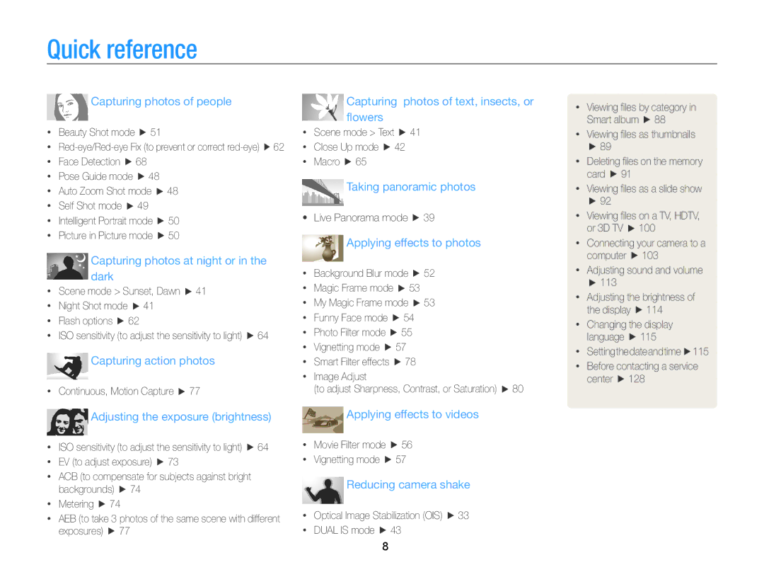 Samsung ECMV800ZBPBUS user manual Quick reference, Capturing photos of people 