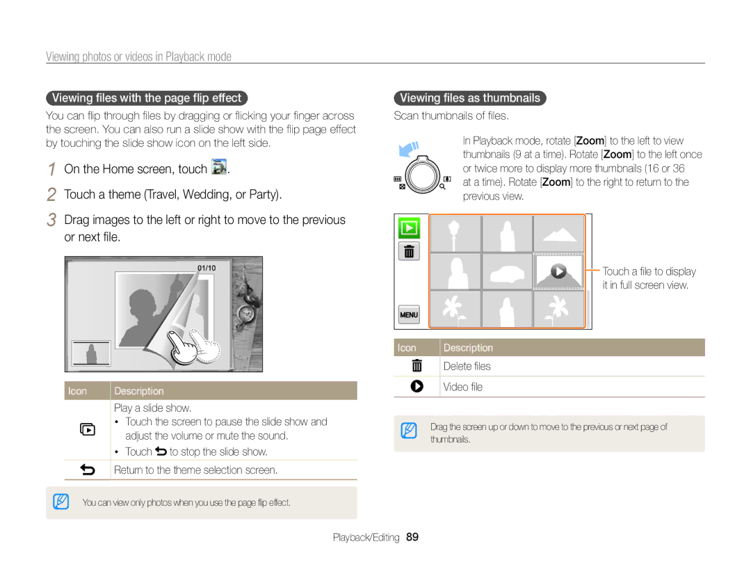 Samsung ECMV800ZBPBUS Touch a theme Travel, Wedding, or Party, Or next file, Viewing files with the page flip effect  