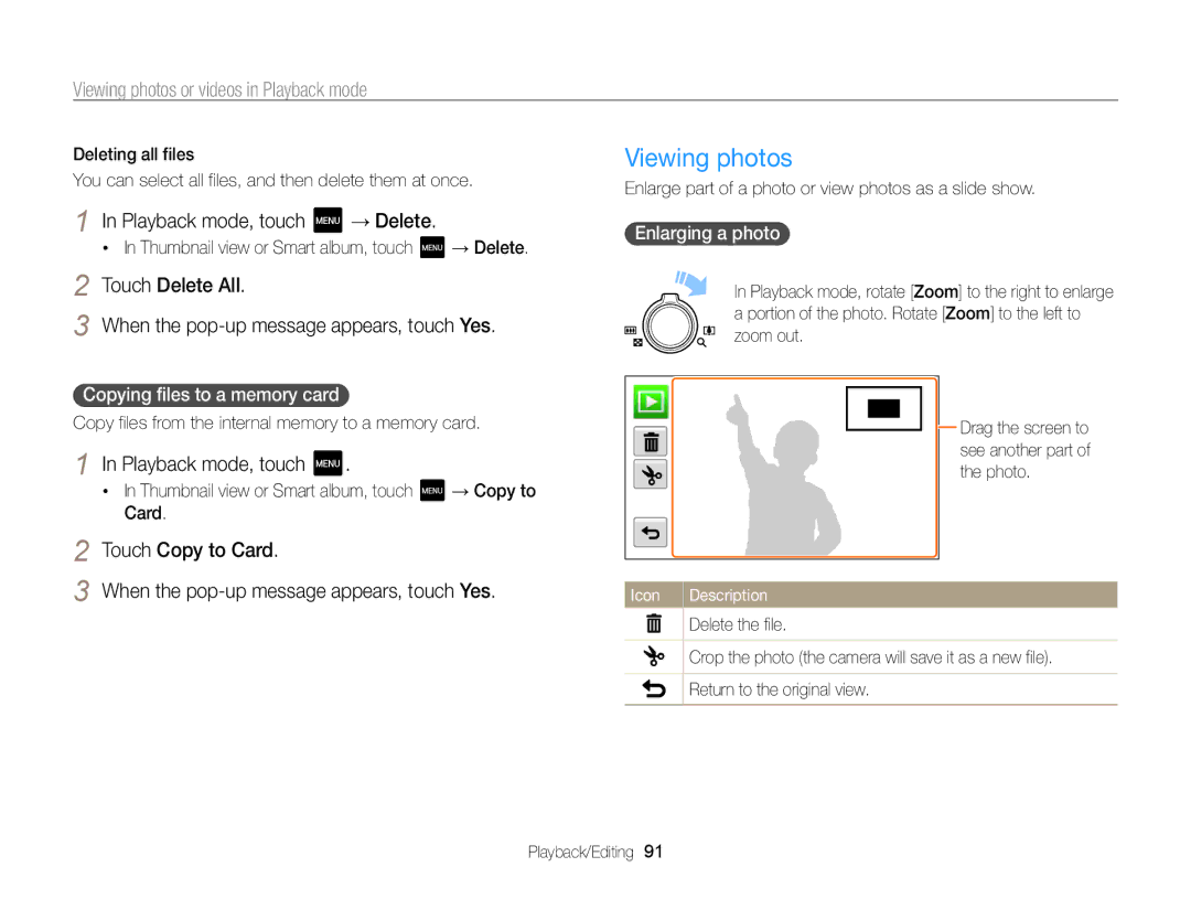 Samsung ECMV800ZBPBUS user manual Viewing photos, Playback mode, touch → Delete, Touch Delete All, Touch Copy to Card 