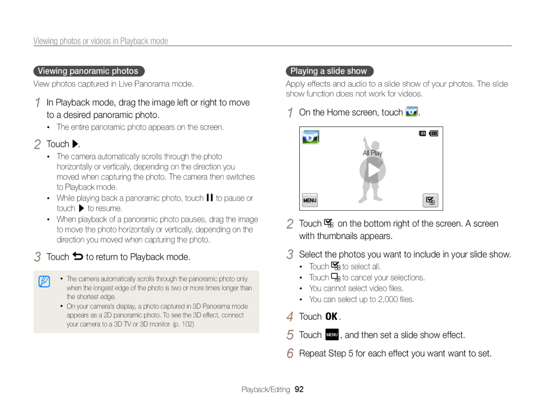 Samsung ECMV800ZBPBUS user manual Touch to return to Playback mode, Viewing panoramic photos, Playing a slide show  