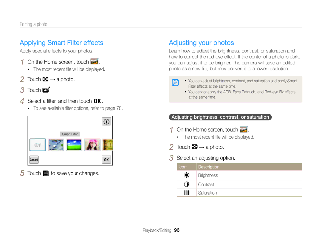 Samsung ECMV800ZBPBUS user manual Editing a photo, Touch → a photo Select a filter, and then touch 