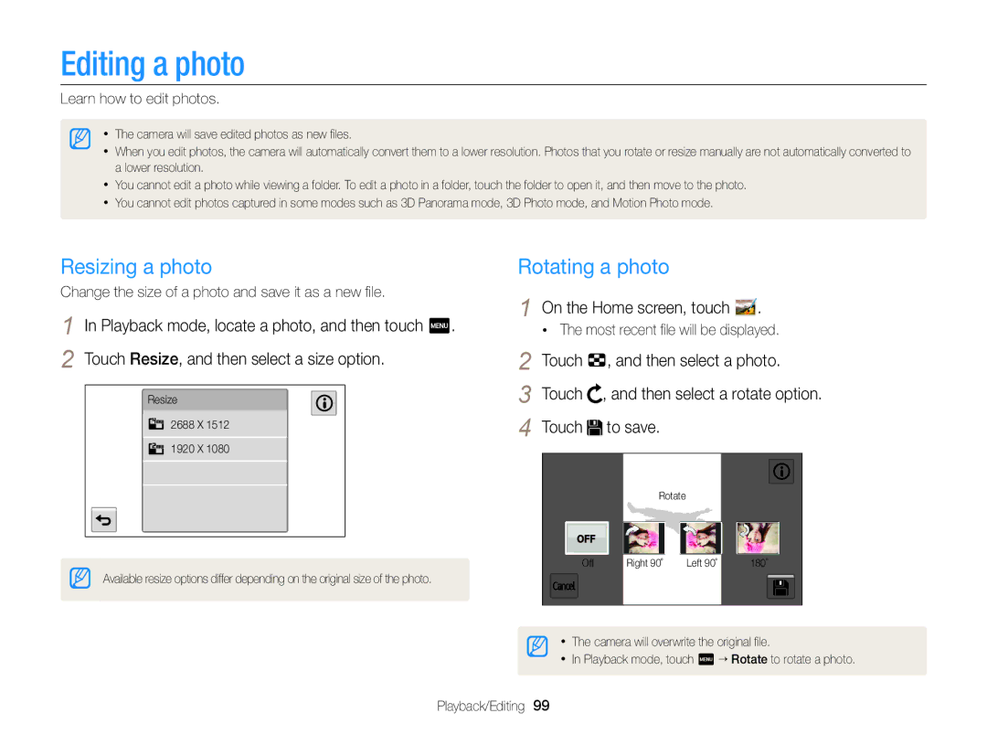 Samsung ECMV900FBPWUS Editing a photo, Resizing a photo, Rotating a photo, Touch Then select a photo, Touch To save 