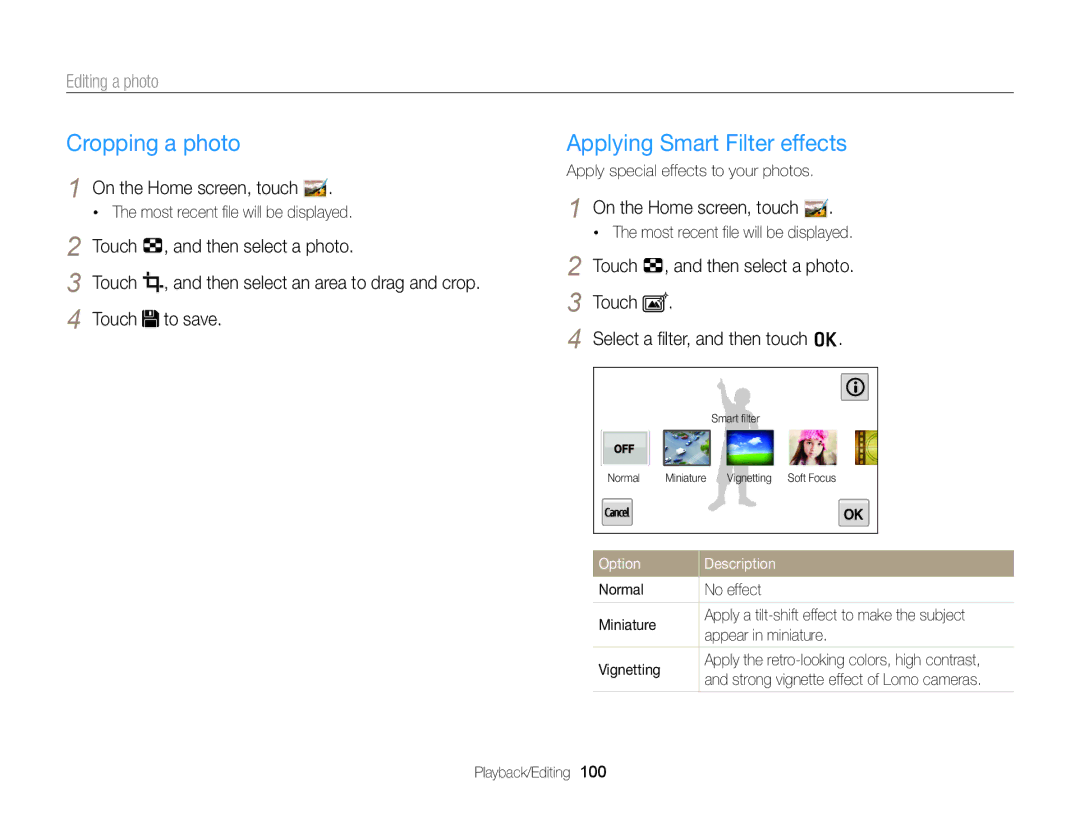 Samsung ECMV900FBPWUS appendix Cropping a photo, Applying Smart Filter effects, Editing a photo 