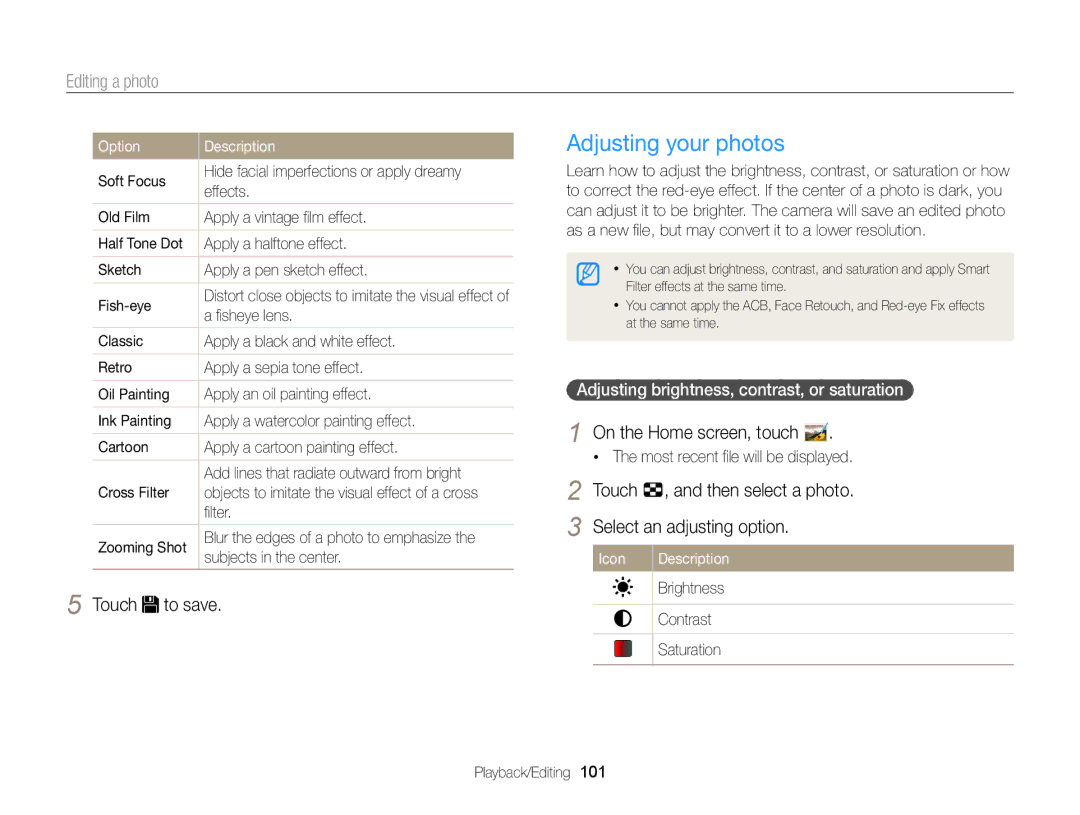 Samsung ECMV900FBPWUS appendix Adjusting your photos, Adjusting brightness, contrast, or saturation 