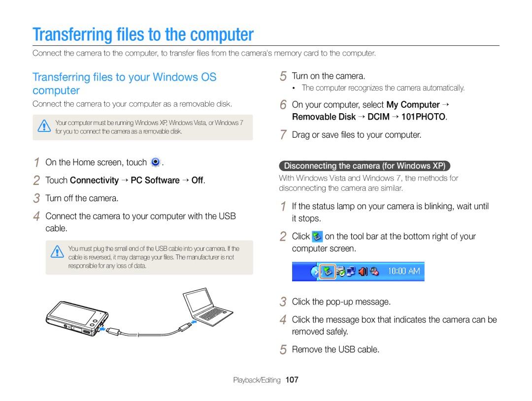 Samsung ECMV900FBPWUS appendix Transferring ﬁles to the computer, Transferring ﬁles to your Windows OS computer 