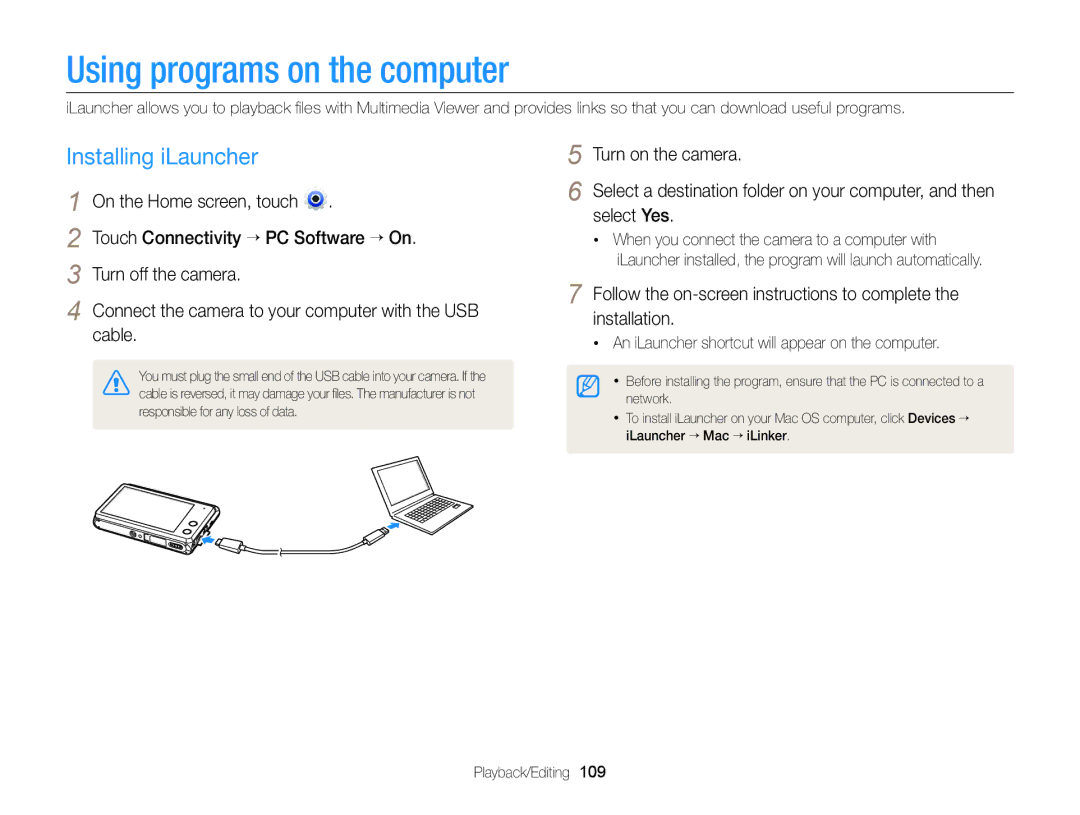 Samsung ECMV900FBPWUS appendix Using programs on the computer, Installing iLauncher, Touch Connectivity “ PC Software “ On 