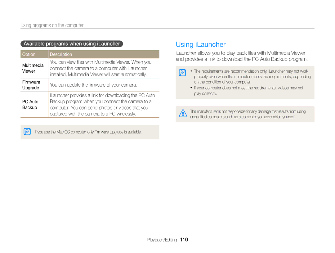 Samsung ECMV900FBPWUS appendix Using iLauncher, Using programs on the computer, Available programs when using iLauncher 