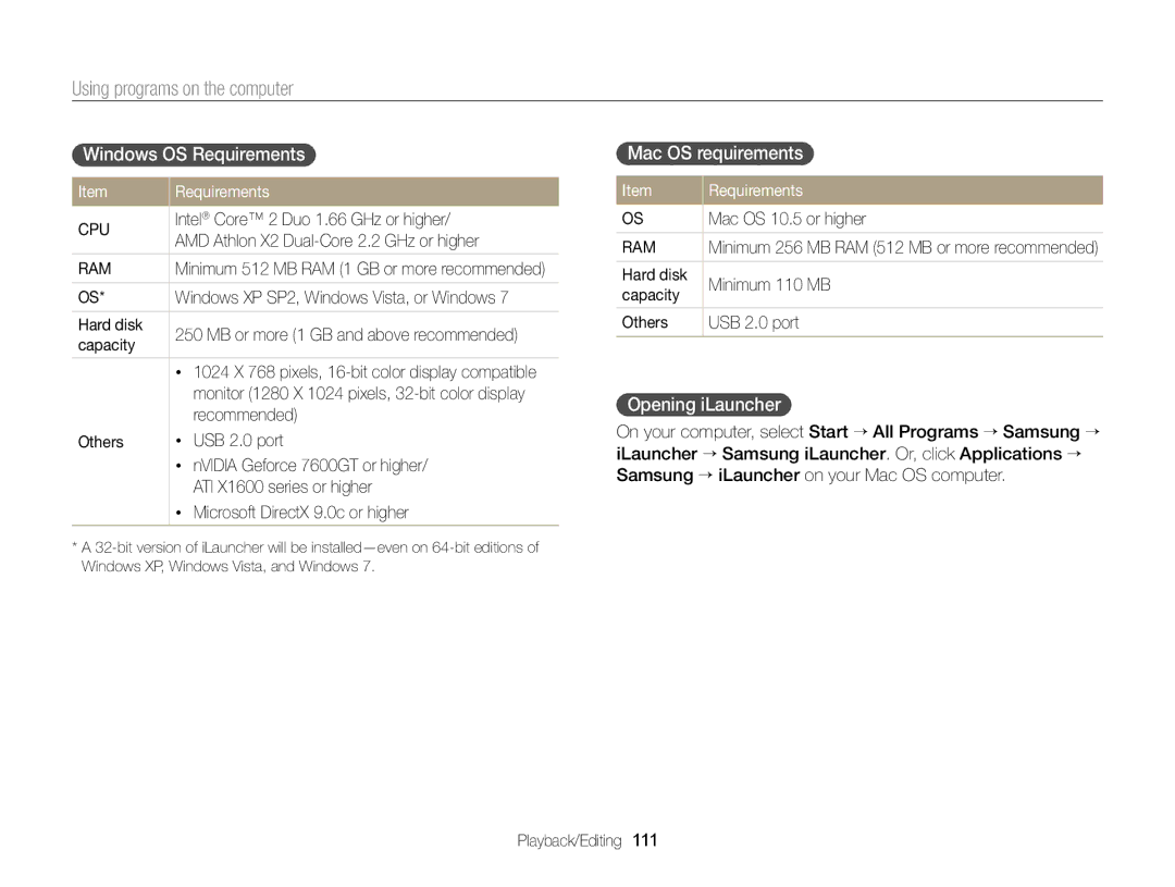 Samsung ECMV900FBPWUS appendix Windows OS Requirements, Mac OS requirements, Opening iLauncher 