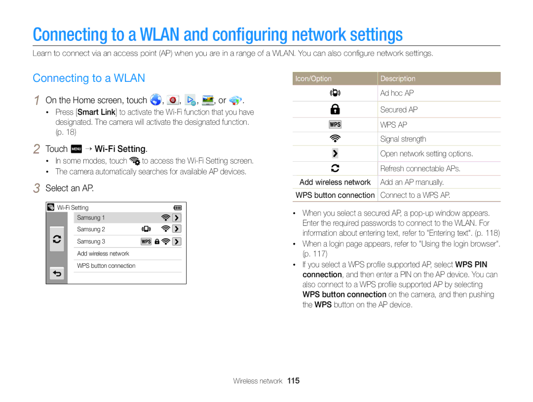 Samsung ECMV900FBPWUS appendix Connecting to a Wlan and conﬁguring network settings, On the Home screen, touch , , , , or 