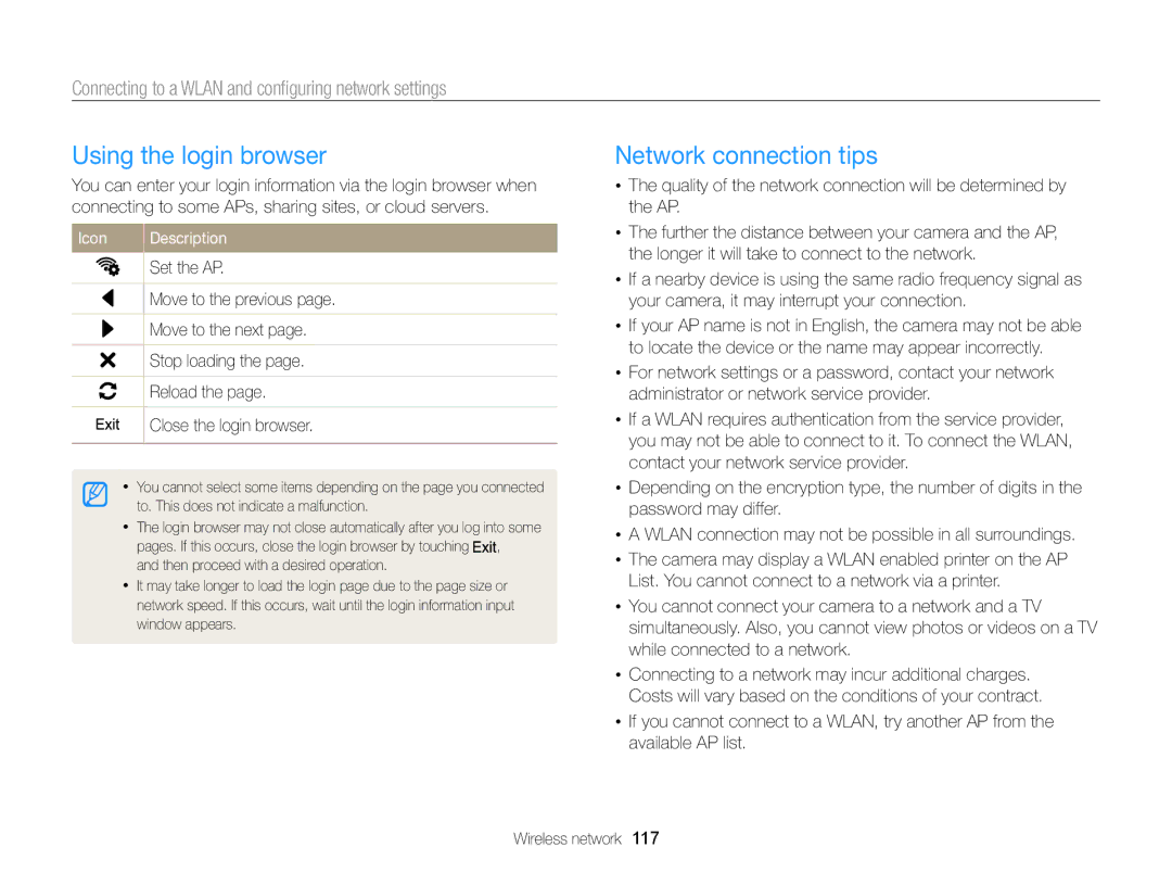 Samsung ECMV900FBPWUS appendix Using the login browser, Network connection tips 