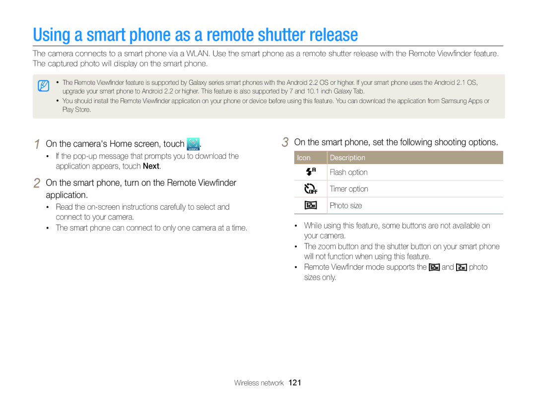 Samsung ECMV900FBPWUS appendix Using a smart phone as a remote shutter release 