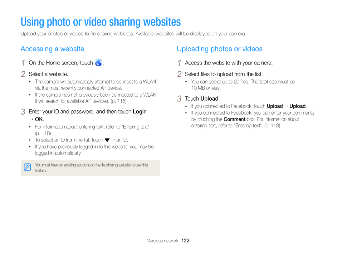 Samsung ECMV900FBPWUS appendix Using photo or video sharing websites, Accessing a website, Uploading photos or videos 