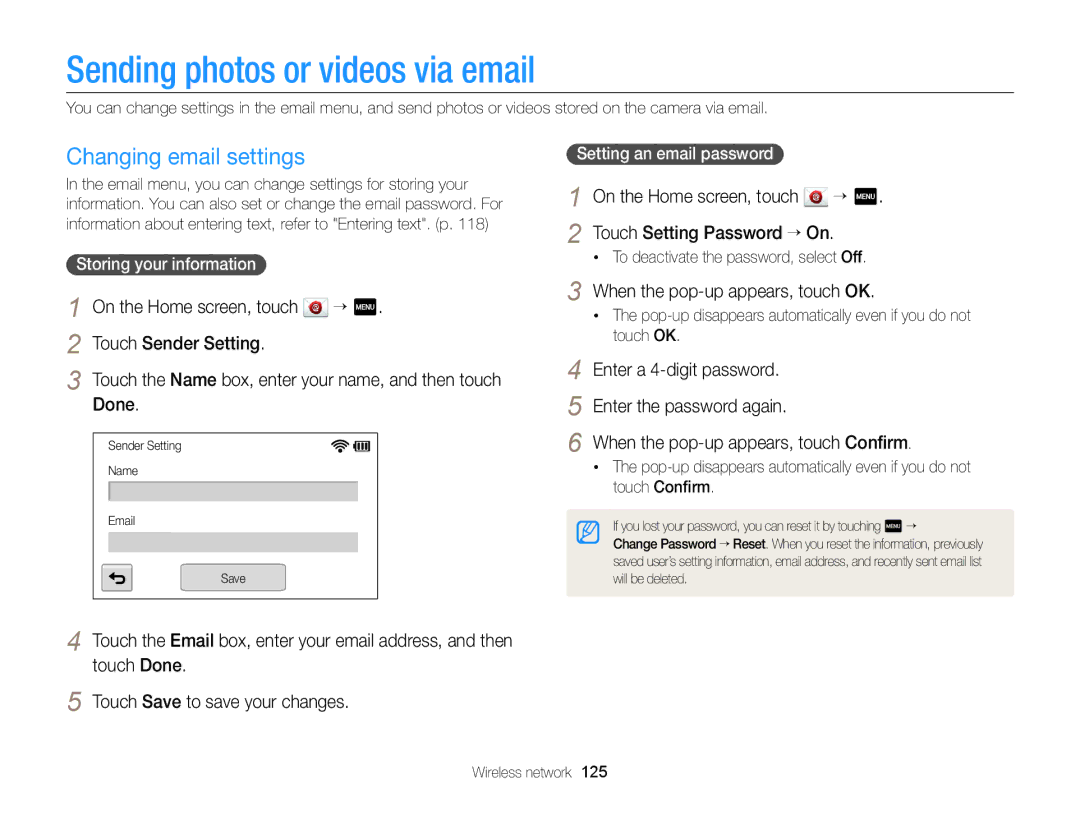 Samsung ECMV900FBPWUS appendix Sending photos or videos via email, Changing email settings 