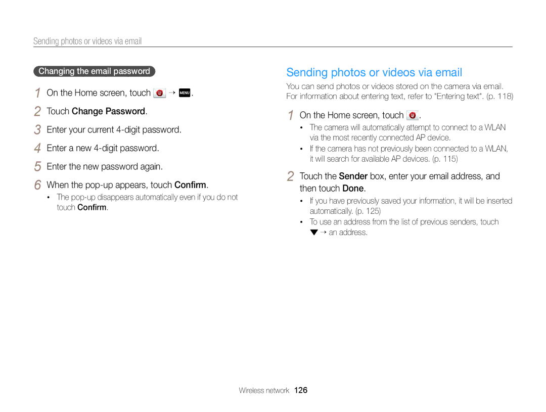 Samsung ECMV900FBPWUS Sending photos or videos via email, Touch Change Password Enter your current 4-digit password 