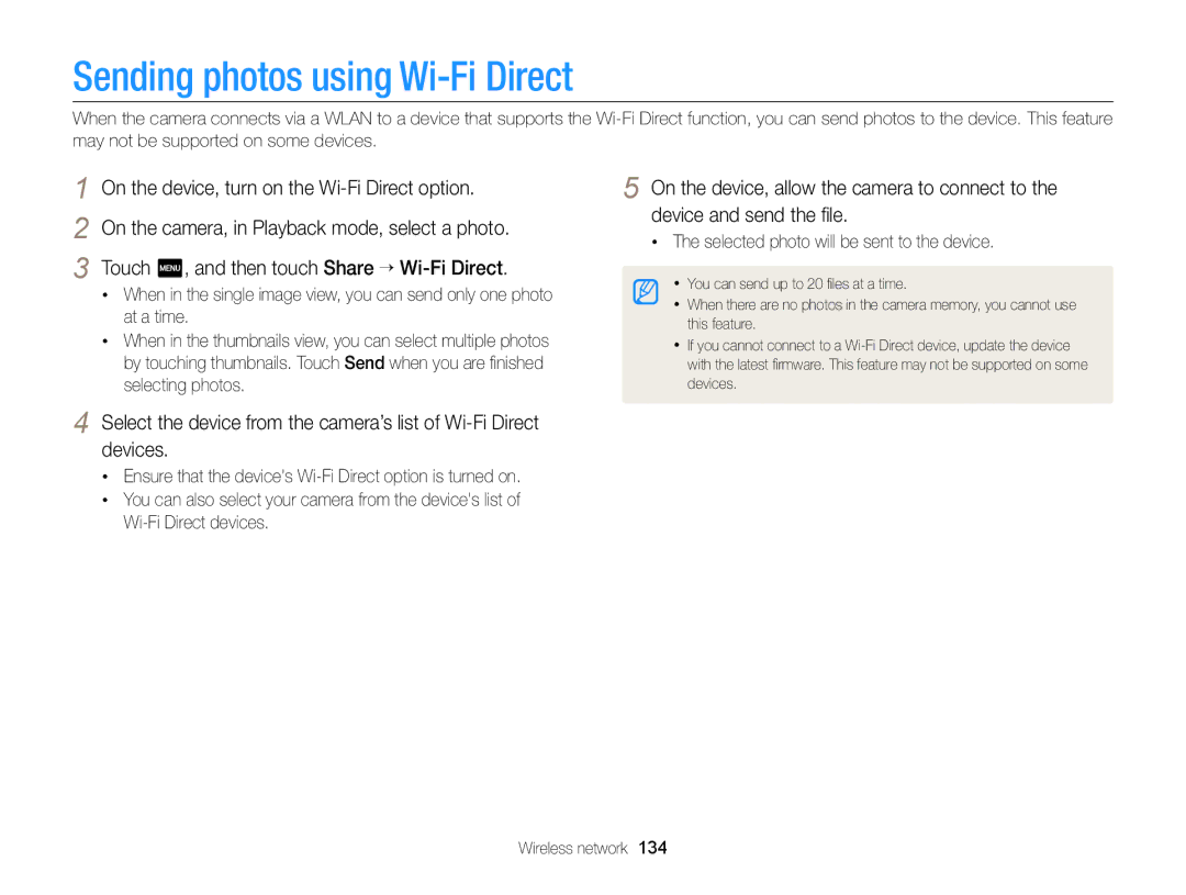 Samsung ECMV900FBPWUS appendix Sending photos using Wi-Fi Direct, On the device, turn on the Wi-Fi Direct option 