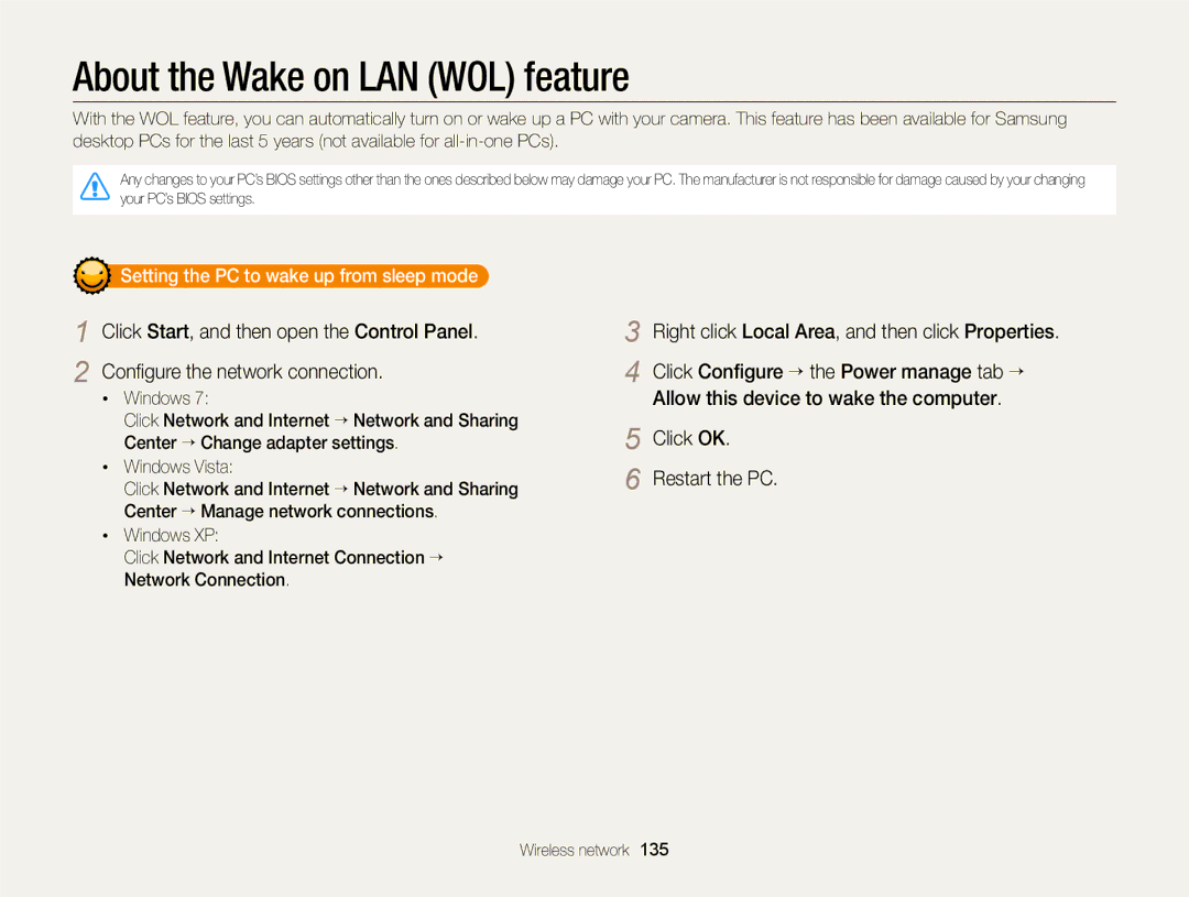 Samsung ECMV900FBPWUS appendix About the Wake on LAN WOL feature, Setting the PC to wake up from sleep mode 