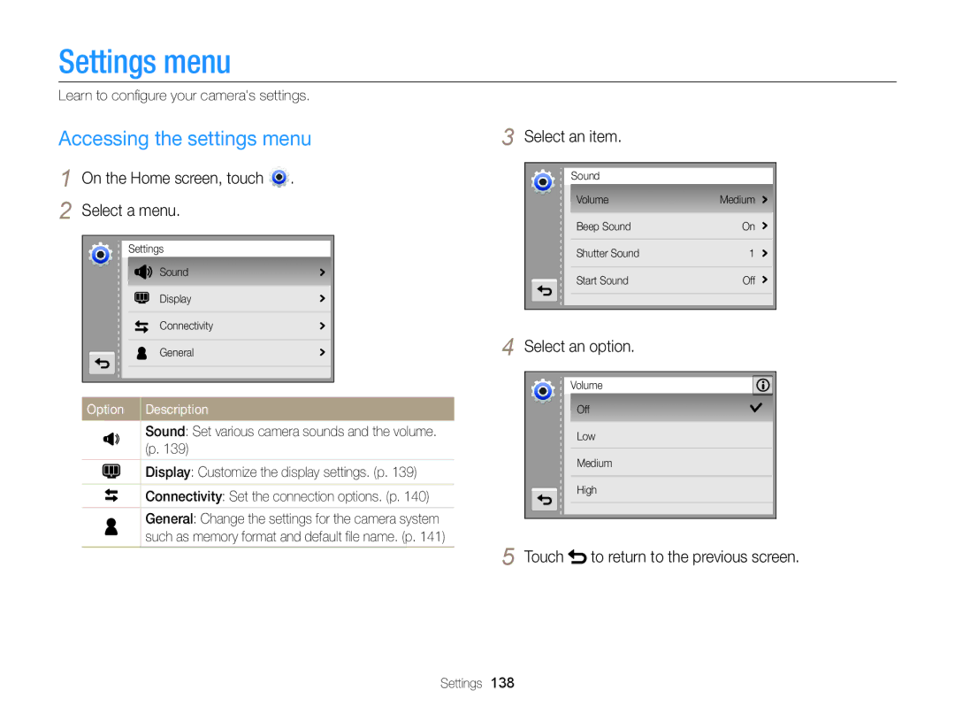 Samsung ECMV900FBPWUS Settings menu, Accessing the settings menu, On the Home screen, touch Select a menu, Select an item 