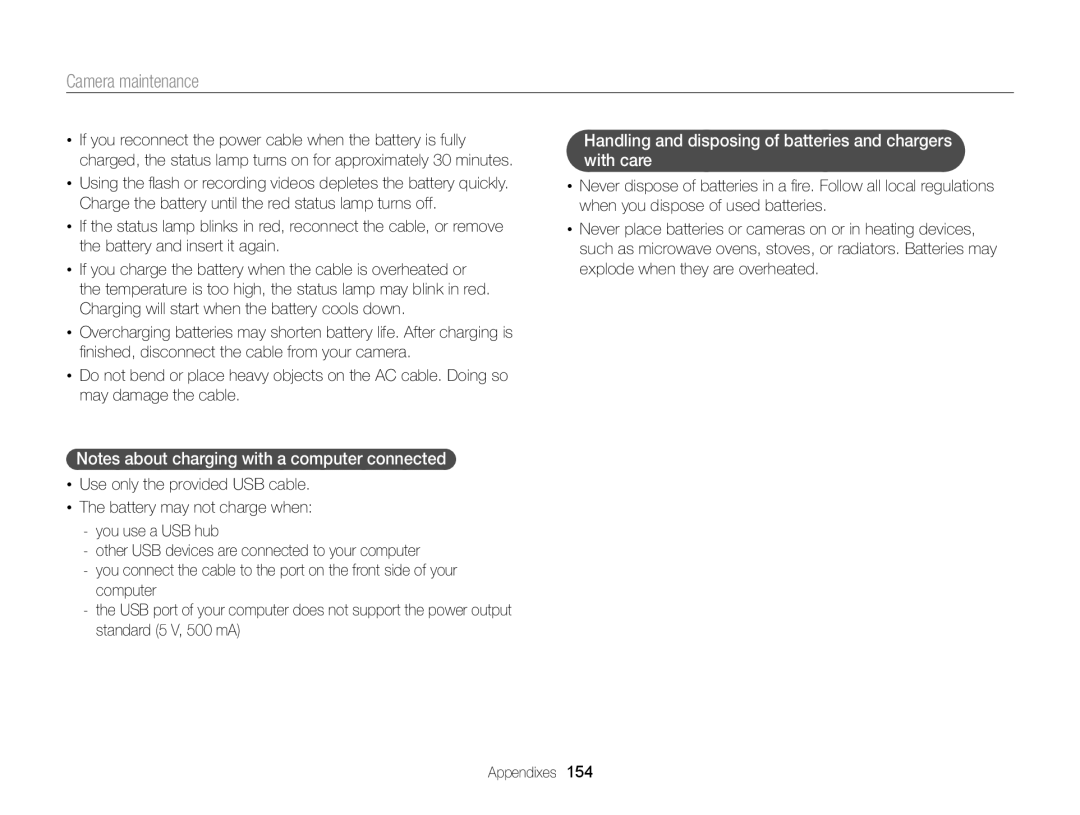 Samsung ECMV900FBPWUS appendix Handling and disposing of batteries and chargers with care 