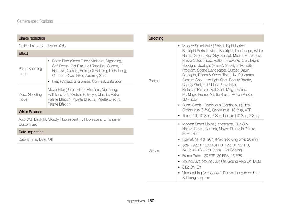 Samsung ECMV900FBPWUS appendix Camera speciﬁcations 